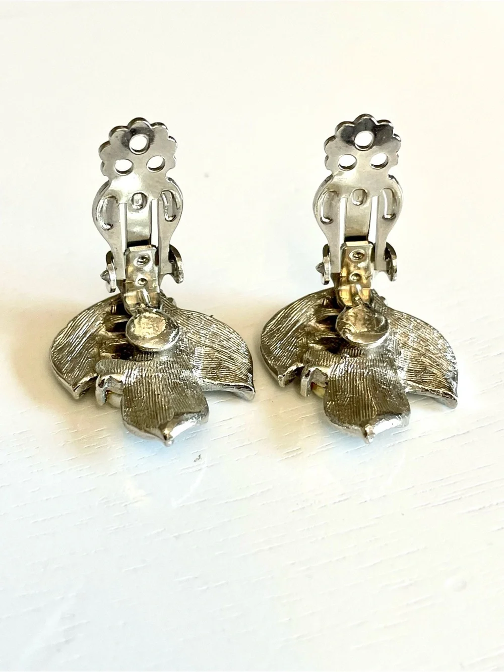 Vintage 1960s Blue Leaf Faux Pearl Cluster Clip Earrings Silver-Tone Floral MCM
